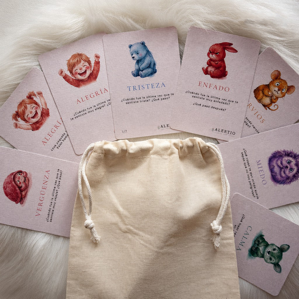 Juego de cartas de emociones infantiles con bolsa de lino Kit Así me siento Alertio